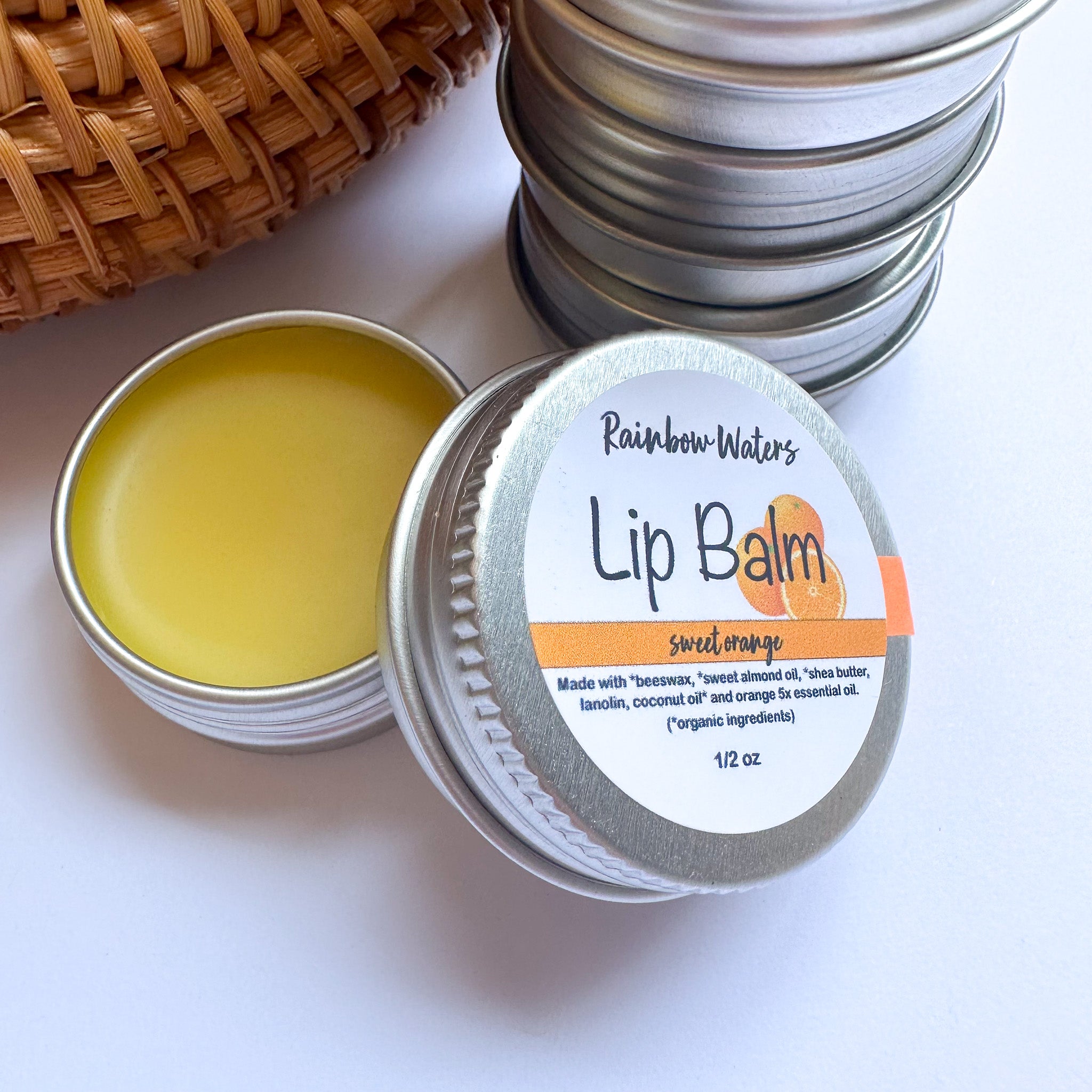 Sweet Orange Lip Balm, lanolin enriched, 1/2 oz tin