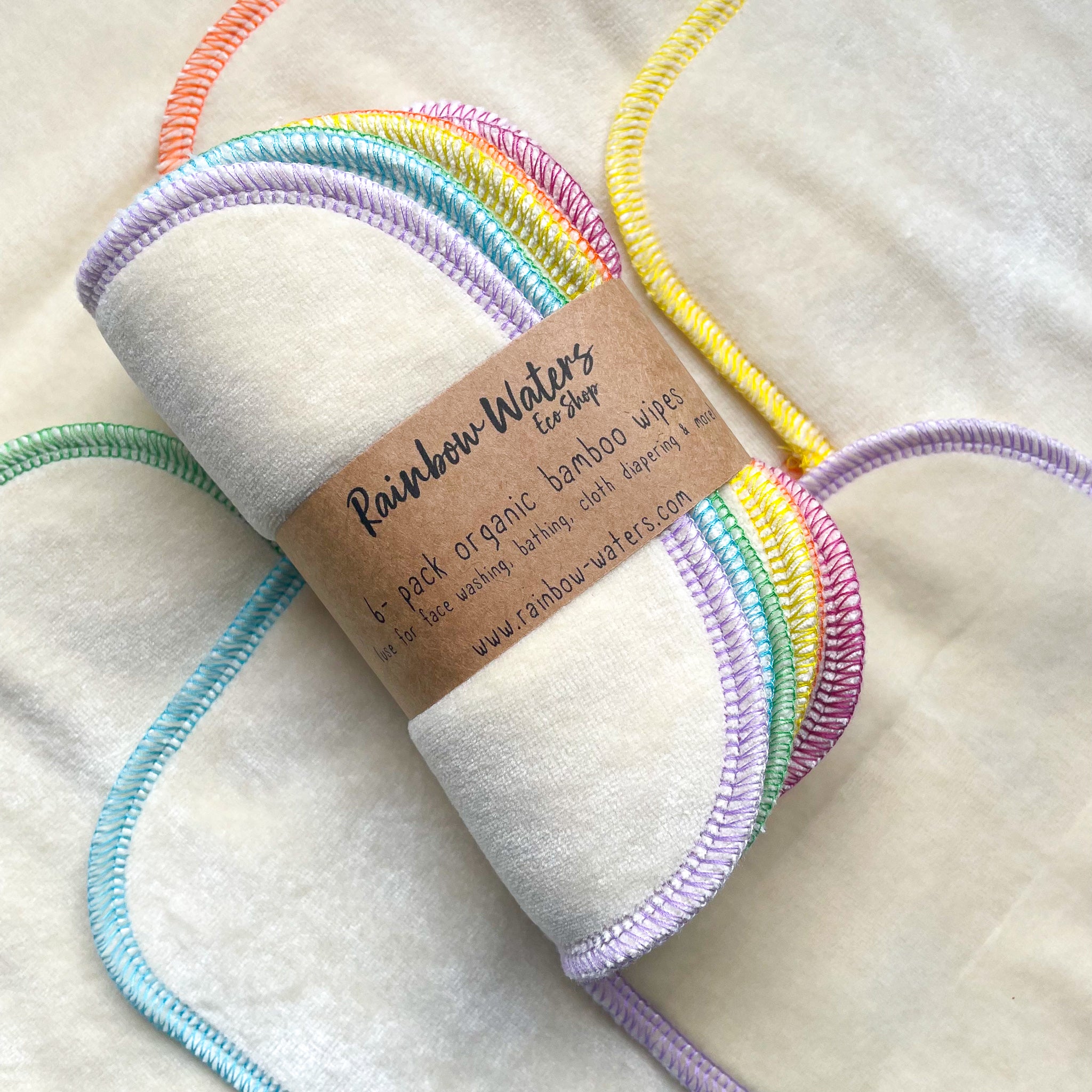 Natural with Spring Rainbow Serging  | 6-pack Reusable Cloth Wipes | Organic Cotton/Bamboo Blend