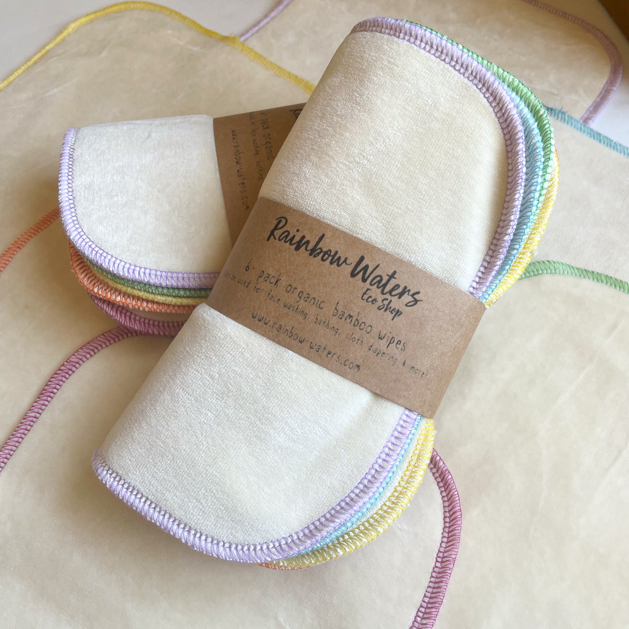 Natural with Spring Rainbow Serging | 6-pack Cloth Wipes | Organic Cotton/Bamboo Blend | Large 8x8 inch