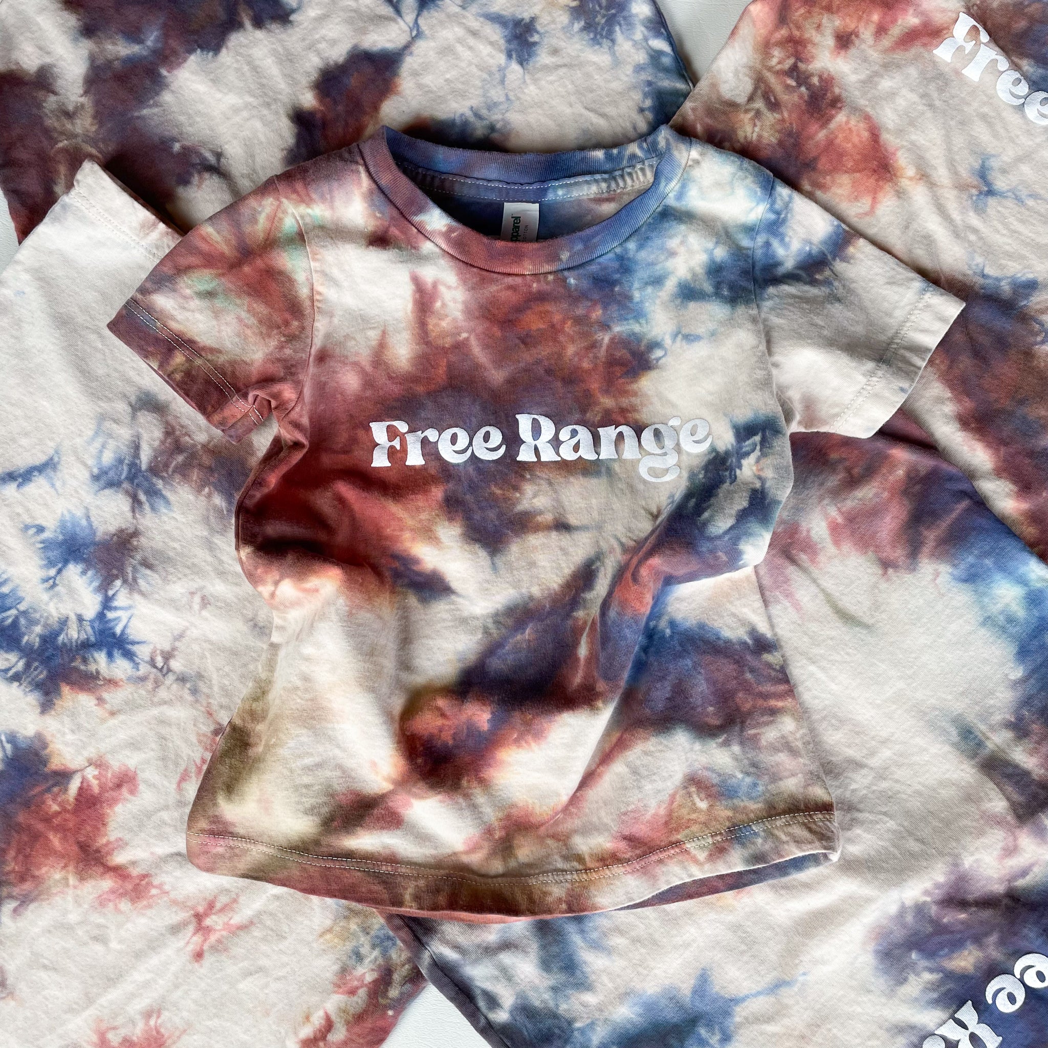 Blue Rust Tie Dye, Free Range, screen printed Organic Cotton Tee