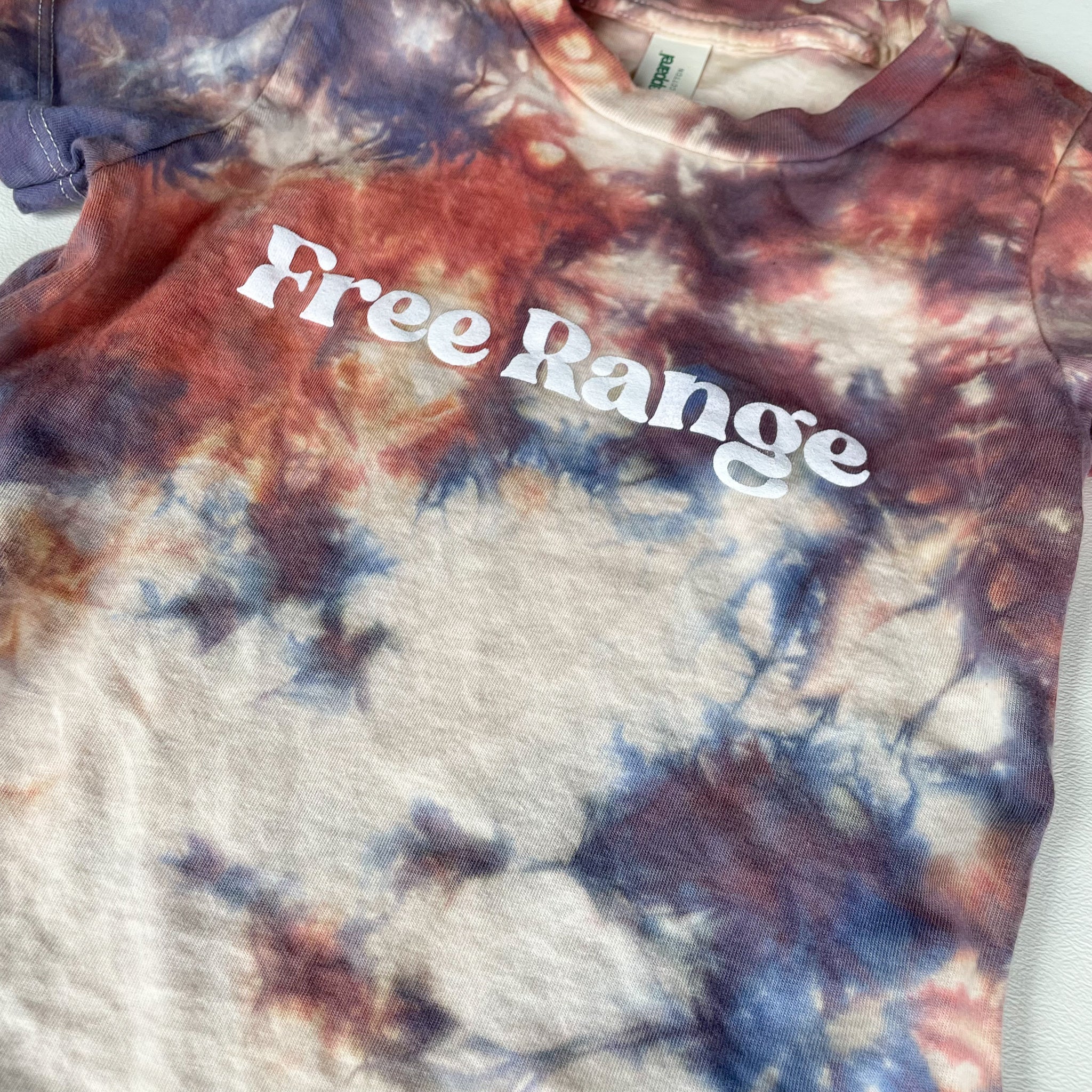 Blue Rust Tie Dye, Free Range, screen printed Organic Cotton Tee