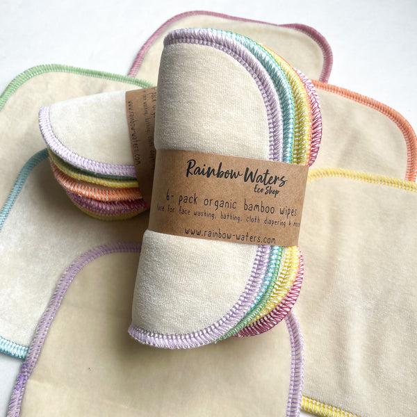 Natural with Spring Rainbow Serging  | 6-pack Reusable Cloth Wipes | Organic Cotton/Bamboo Blend