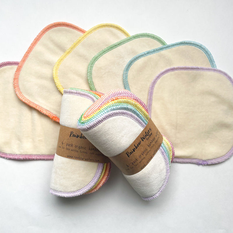 Natural with Spring Rainbow Serging  | 6-pack Reusable Cloth Wipes | Organic Cotton/Bamboo Blend