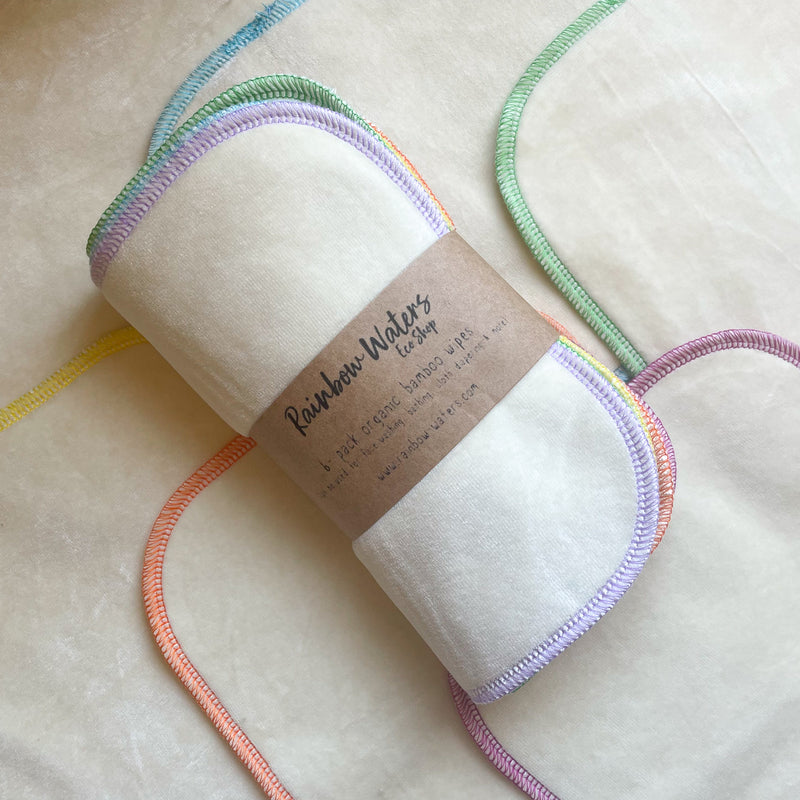 Natural with Spring Rainbow Serging | 6-pack Cloth Wipes | Organic Cotton/Bamboo Blend | Large 8x8 inch