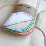 Natural with Spring Rainbow Serging | 6-pack Cloth Wipes | Organic Cotton/Bamboo Blend | Large 8x8 inch