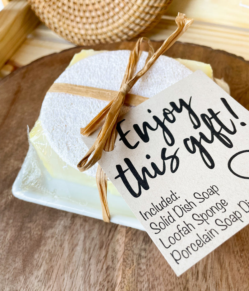 Dish Soap Gift set, includes dish soap, loofah sponge and a porcelain soap dish