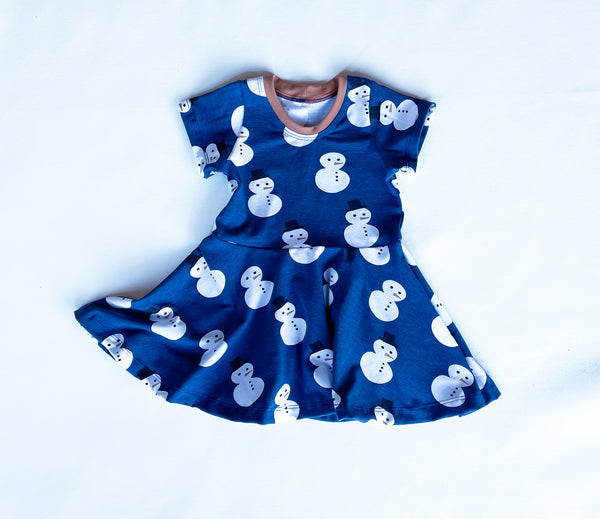 Snowman twirly dress, organic cotton