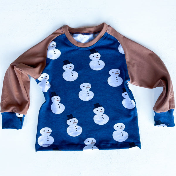 Snowman on deep blue Raglan tee, organic cotton