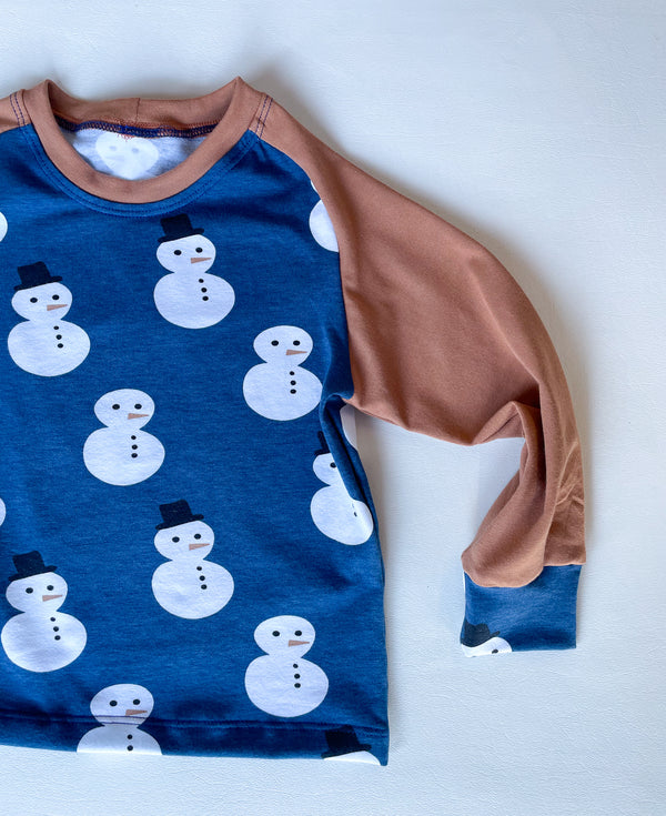 Snowman on deep blue Raglan tee, organic cotton