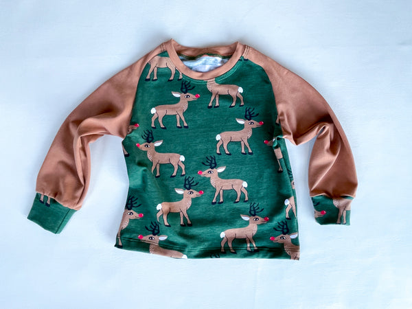 Reindeer on deep green Raglan tee, organic cotton