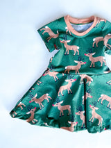 Reindeer on deep green twirly dress, organic cotton