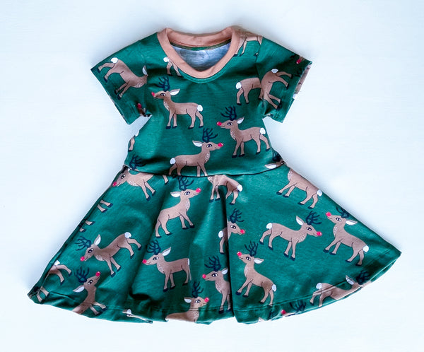 Reindeer on deep green twirly dress, organic cotton
