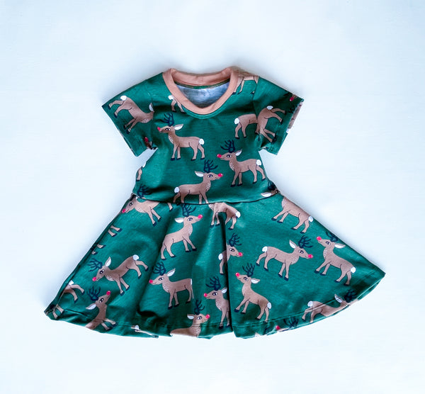 Reindeer on deep green twirly dress, organic cotton