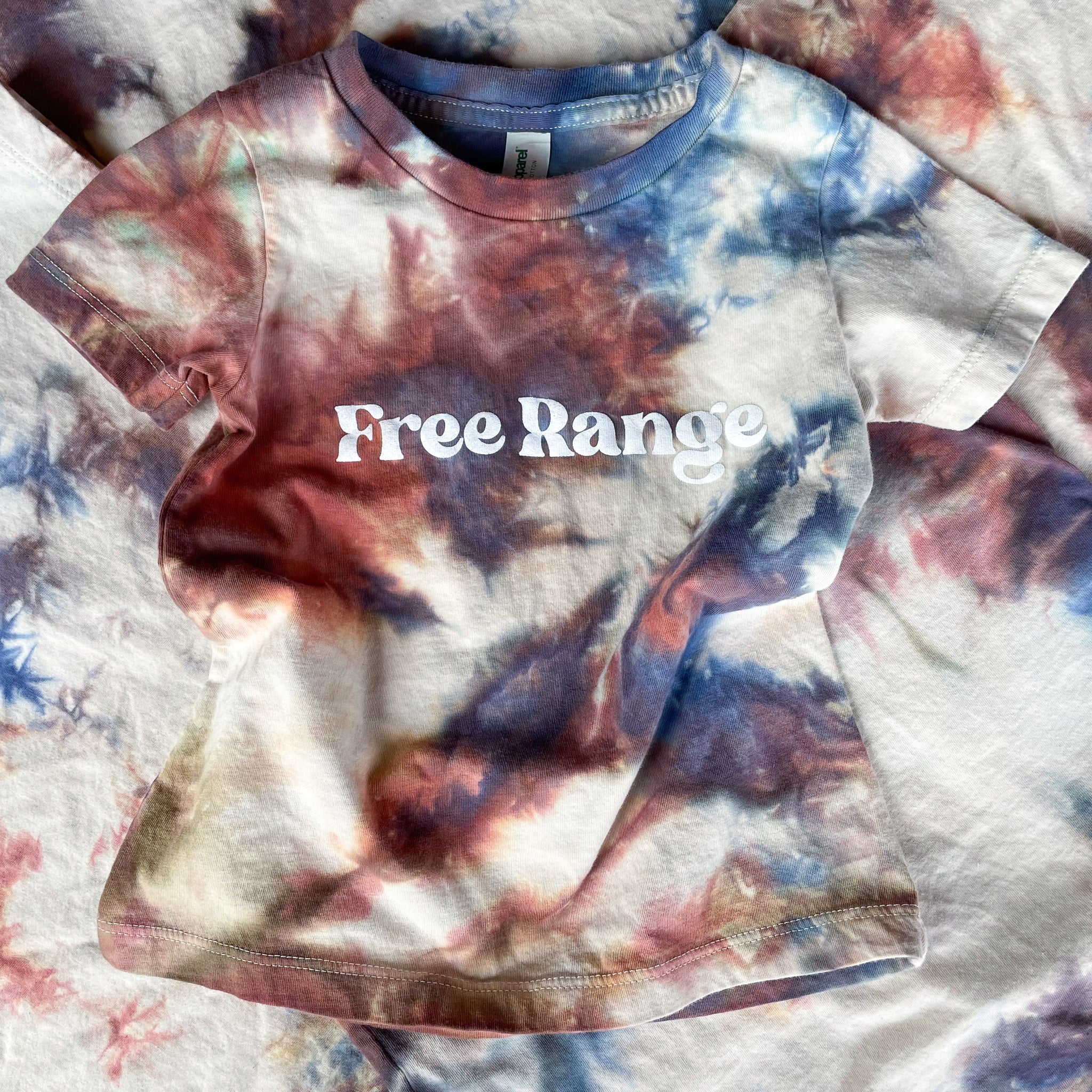 Blue Rust Tie Dye, Free Range, screen printed Organic Cotton Tee