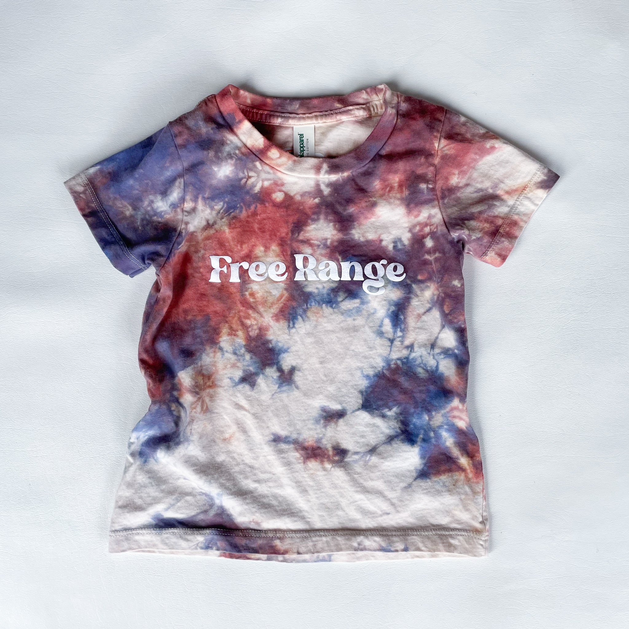 Blue Rust Tie Dye, Free Range, screen printed Organic Cotton Tee