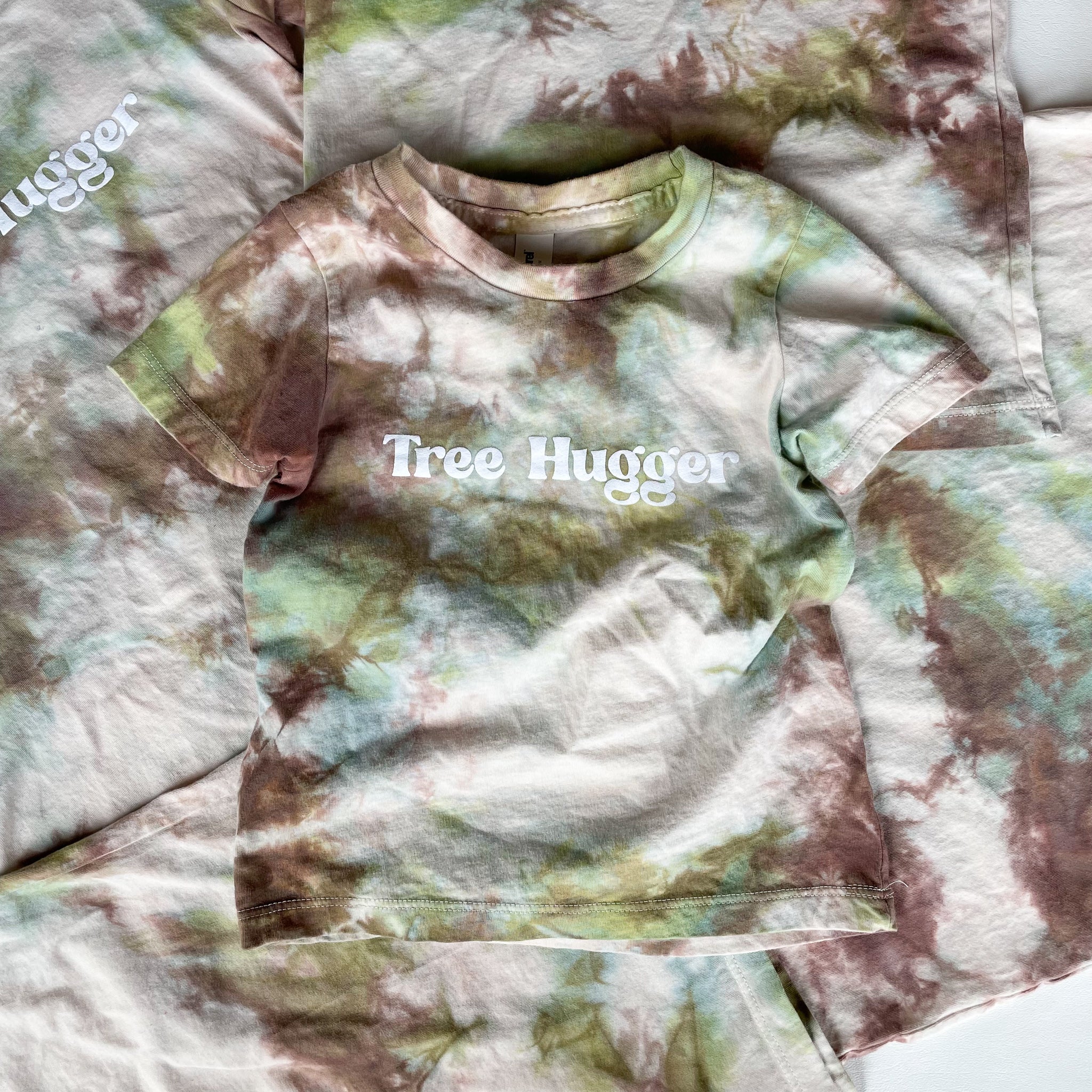 Green Brown Tie Dye, Tree Hugger, screen printed Organic Cotton Tee