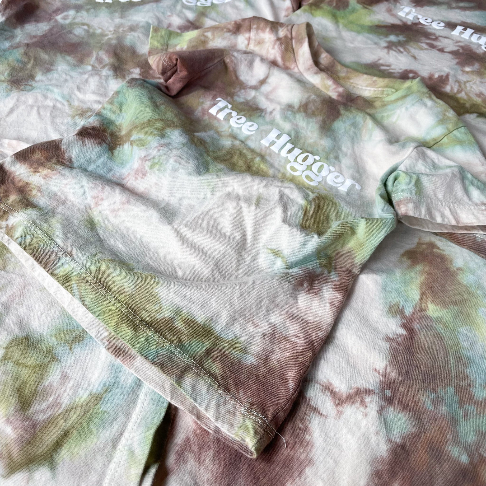 Green Brown Tie Dye, Tree Hugger, screen printed Organic Cotton Tee