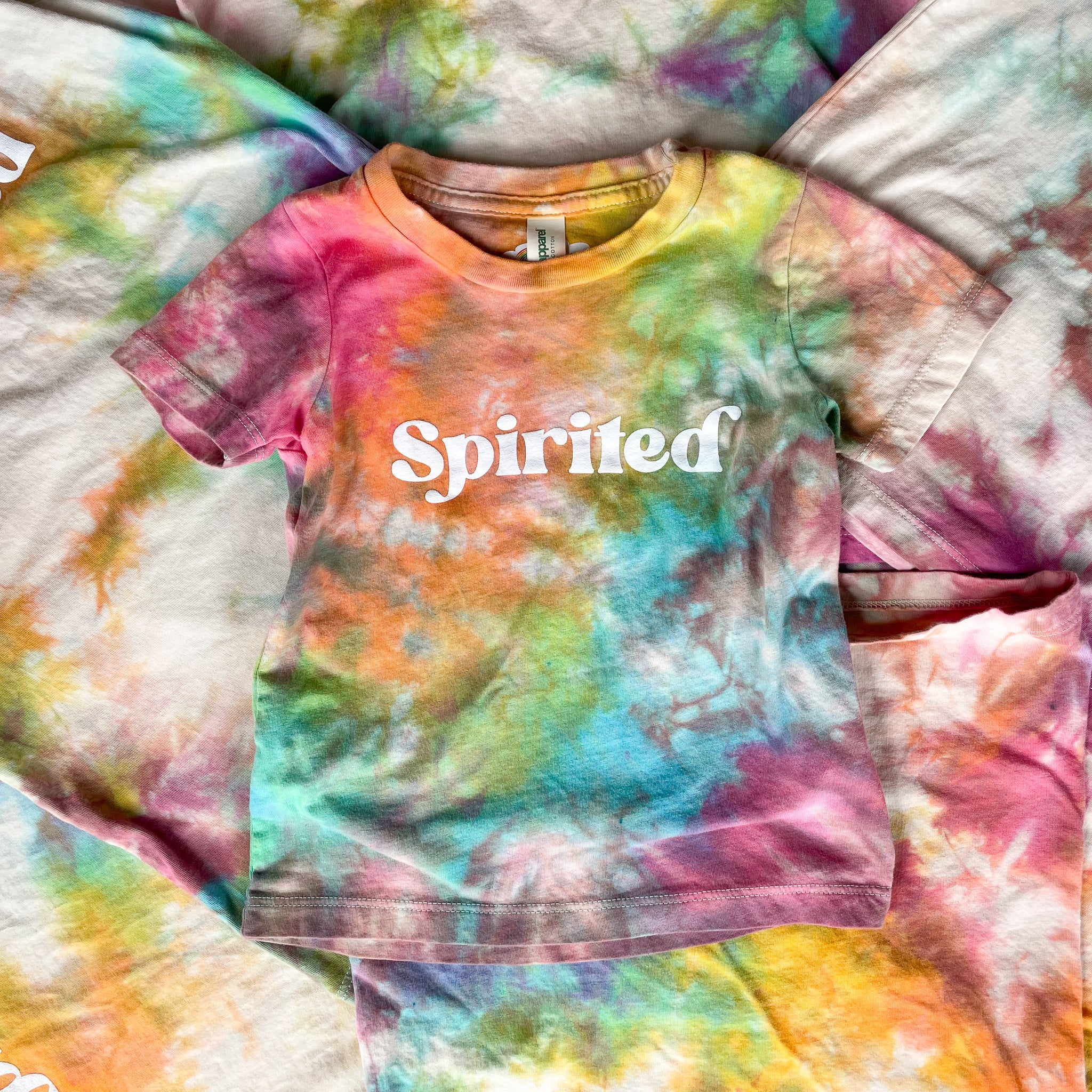 Rainbow Tie Dye, Spirited, screen printed Organic Cotton Tee