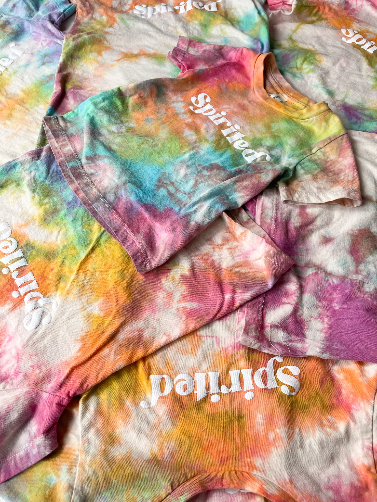 Rainbow Tie Dye, Spirited, screen printed Organic Cotton Tee