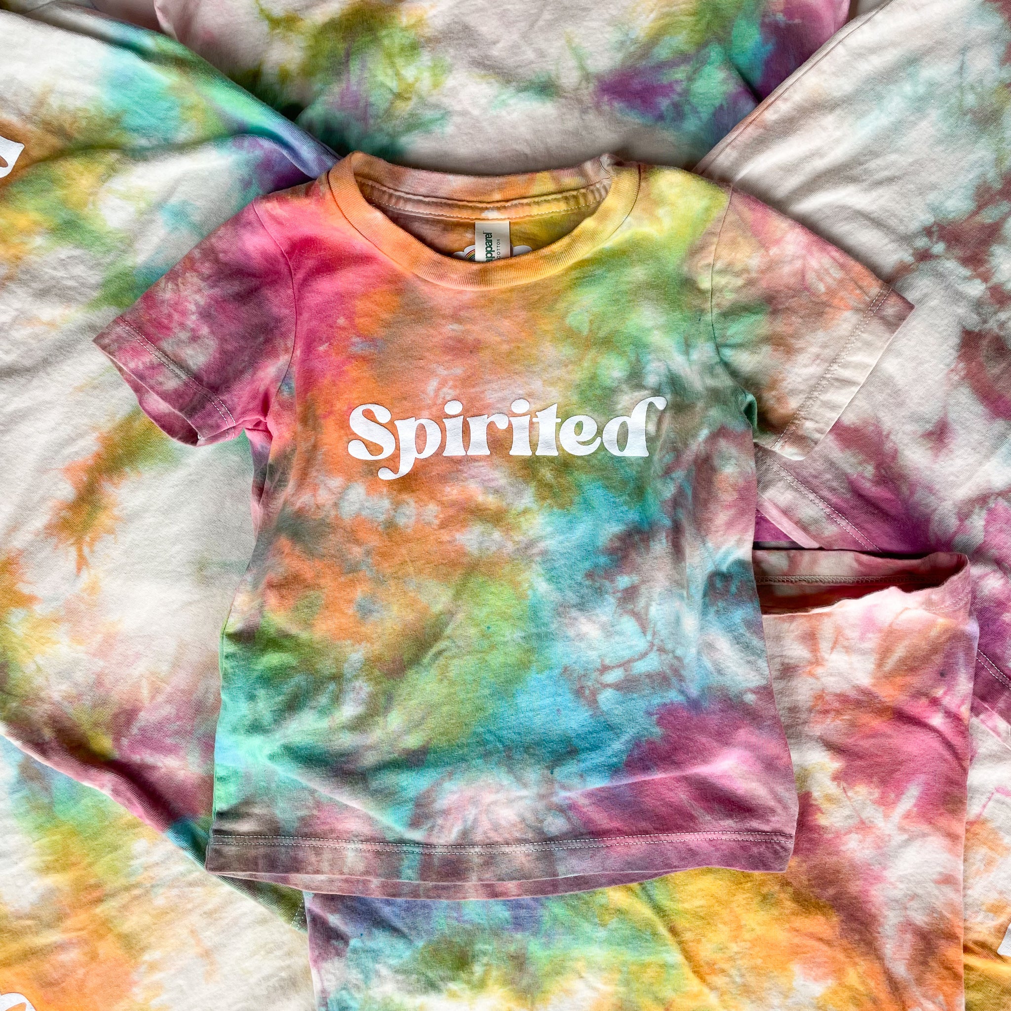 Rainbow Tie Dye, Spirited, screen printed Organic Cotton Tee